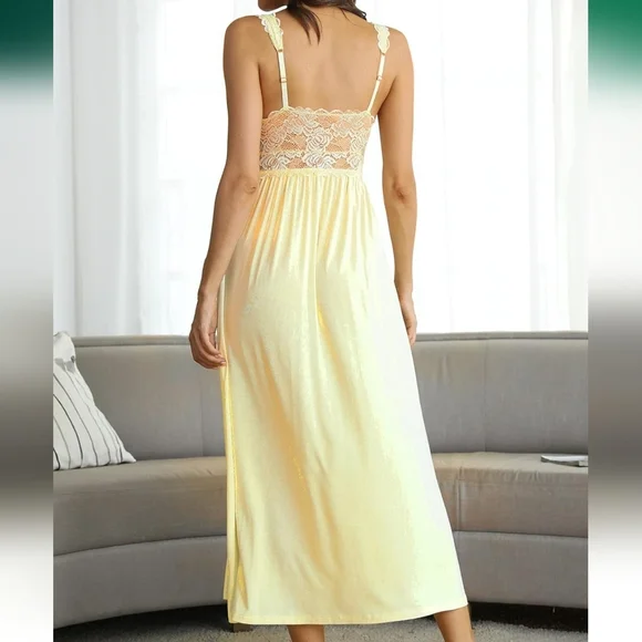 Light Yellow Long V-neck Lace Panel Nightgown - Picture 2 of 11